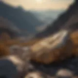 A panoramic view of a mountain range with visible gold veins