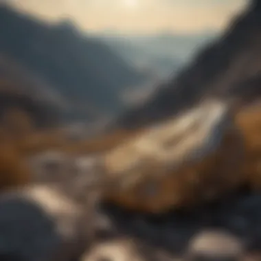 A panoramic view of a mountain range with visible gold veins