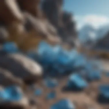 Natural Habitat of Clear Blue Crystals A serene landscape featuring natural formations of clear blue crystal stones in their habitat