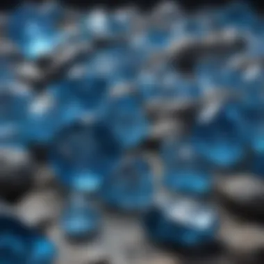 Dazzling Array of Clear Blue Crystals A stunning display of various clear blue crystal stones arranged elegantly