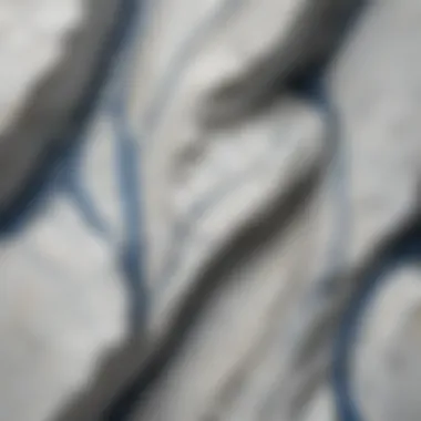 Intricate Patterns of White Stone with Blue Veins Close-up view of white stone with striking blue veins showcasing its intricate patterns