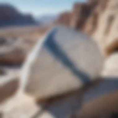 Natural setting highlighting the stunning contrast of white stone with blue veins against a rock formation