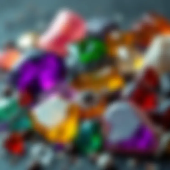 An array of colorful gemstones including amethyst and garnet
