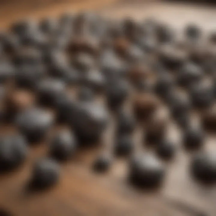 A collection of various iron meteorites displayed on a rustic wooden table.