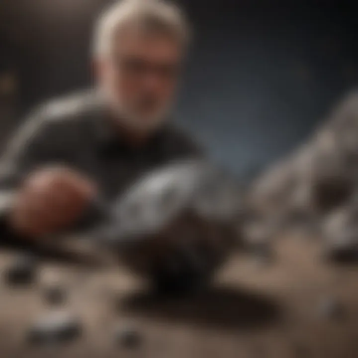 An experienced collector examining an iron meteorite under natural light.