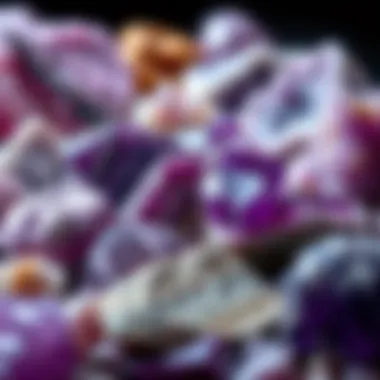 A collection of various purple minerals displayed artistically