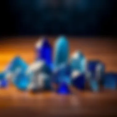 Varieties of blue crystal stones displayed in an elegant arrangement