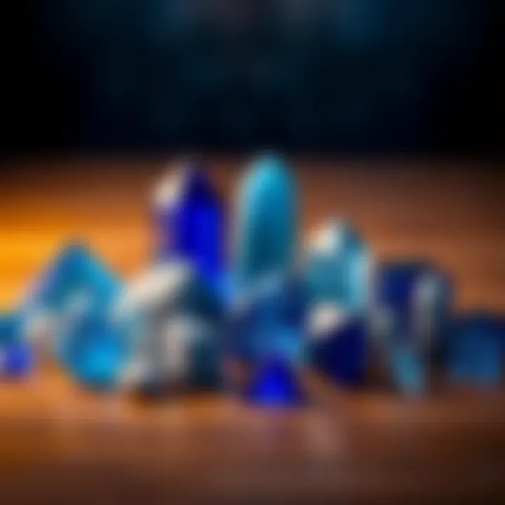 Varieties of blue crystal stones displayed in an elegant arrangement