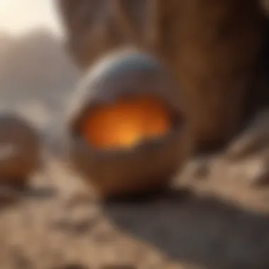 A captivating glimpse of a dinosaur egg gently resting within the ancient sediment, illustrating the context of its discovery. Dinosaur egg nestled in sediment