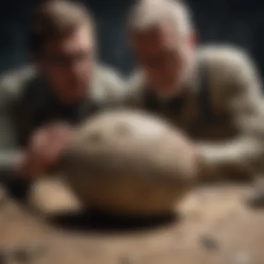 An expert paleontologist meticulously inspecting a fossilized dinosaur egg, showcasing the dedication to uncovering the secrets of the past. Paleontologist examining a fossilized egg