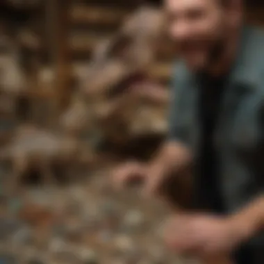 An enthusiastic collector showcasing their dinosaur pin collection in an organized display.