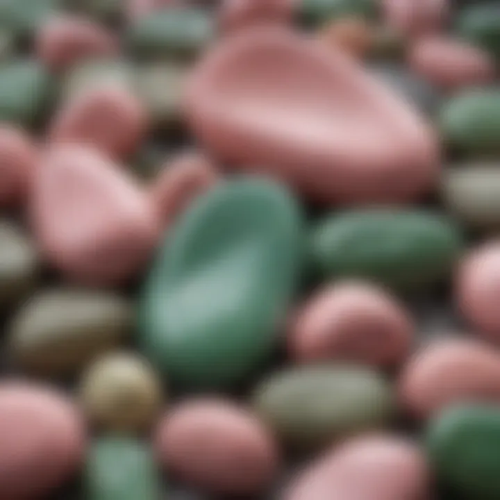 Close-up view of polished pink and green stones displaying their luster and detail