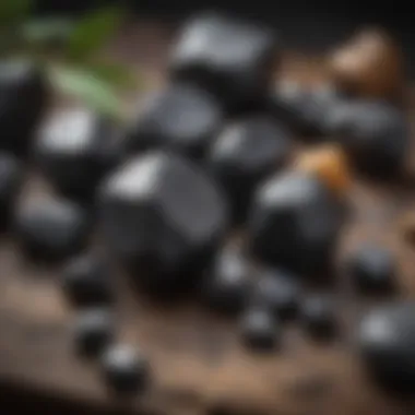 An arrangement of shungite stones and healing artifacts