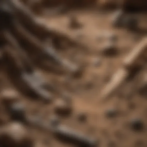 Close-up of a dinosaur fossil excavation site with tools