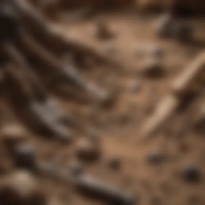 Close-up of a dinosaur fossil excavation site with tools