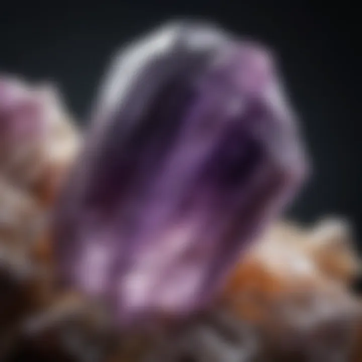 A close-up view of a raw amethyst crystal showcasing its natural facets