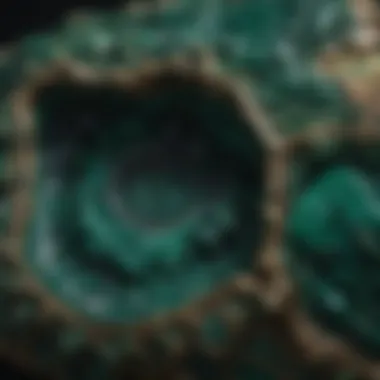 Intricate Patterns of Malachite Geode Stunning close-up of a malachite geode showcasing its vibrant green hues and intricate patterns