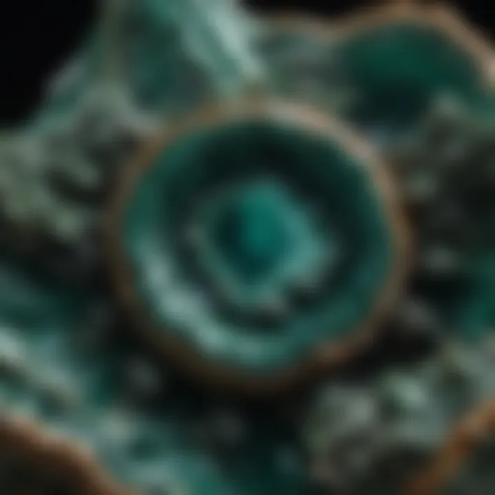 Cross-section of a malachite geode revealing its crystalline structure and unique formations