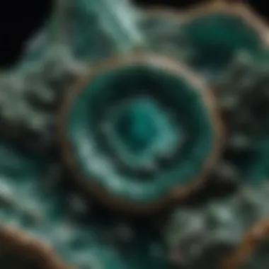 Crystalline Wonders Within Malachite Cross-section of a malachite geode revealing its crystalline structure and unique formations