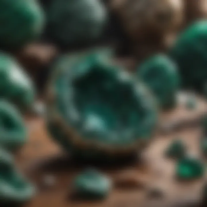 A malachite geode displayed among other mineral specimens, illustrating its cultural significance