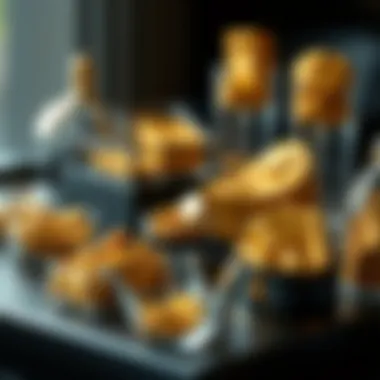 An assortment of gold dirt samples displayed in elegant containers