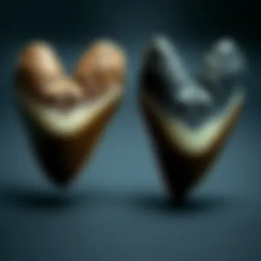 A side-by-side comparison of authentic and replica megalodon teeth, highlighting the differences for potential buyers.