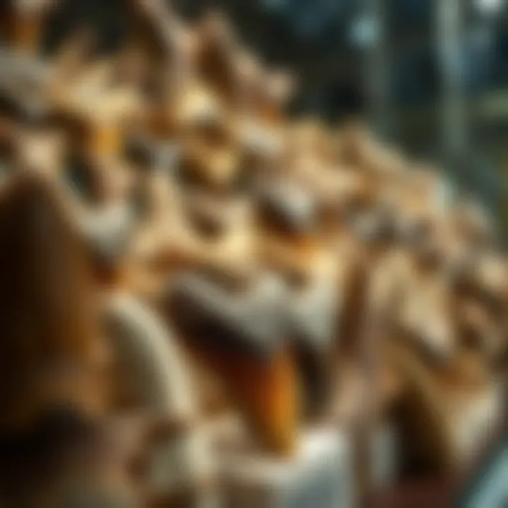 A vast collection of megalodon teeth displayed in an elegant setting, attracting collectors and enthusiasts alike.