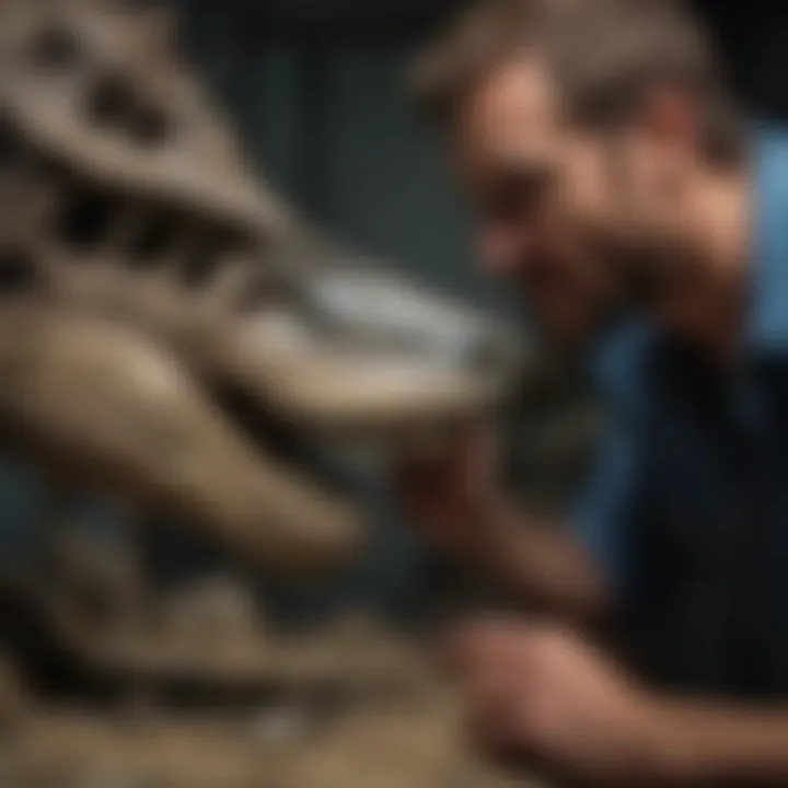 Paleontologist examining megalodon jaw fossil