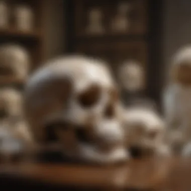 Historical display of quartz skulls in a museum setting