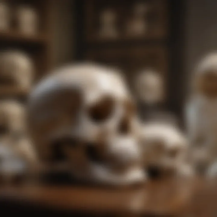 Historical display of quartz skulls in a museum setting