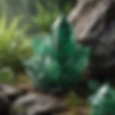 Green Crystals in Natural Settings An artistic arrangement of green crystals embedded in natural settings, emphasizing their connection to nature.