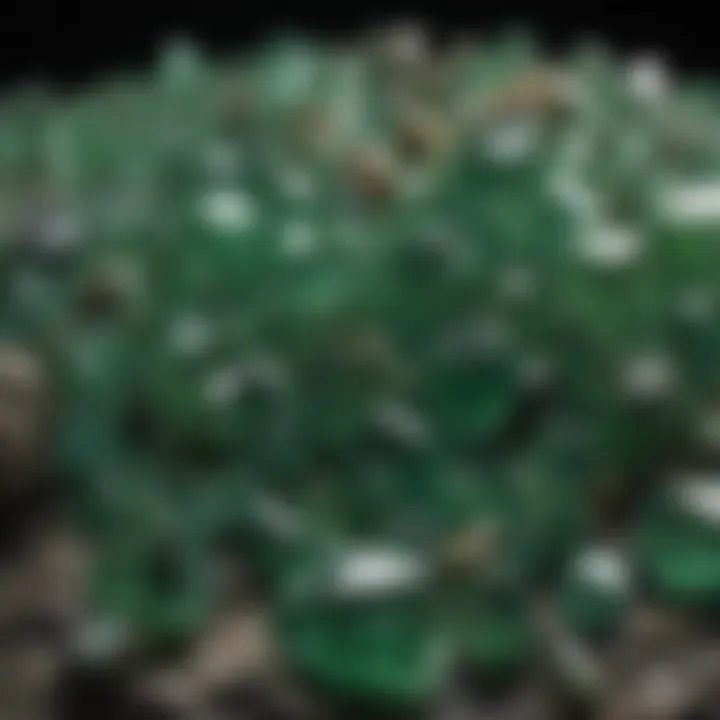 A selection of various green crystals displayed on a textured surface, highlighting their diversity.