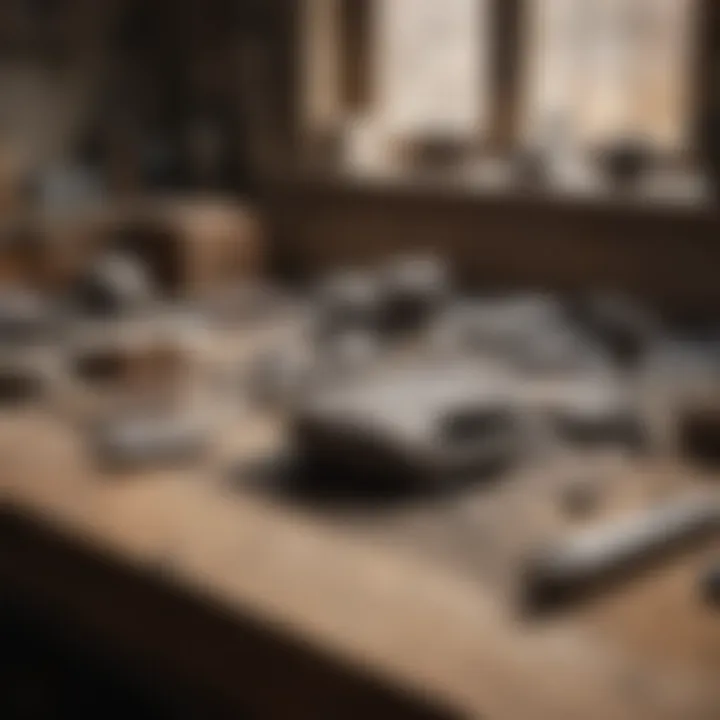 An array of rock polishing tools and materials set up on a workbench