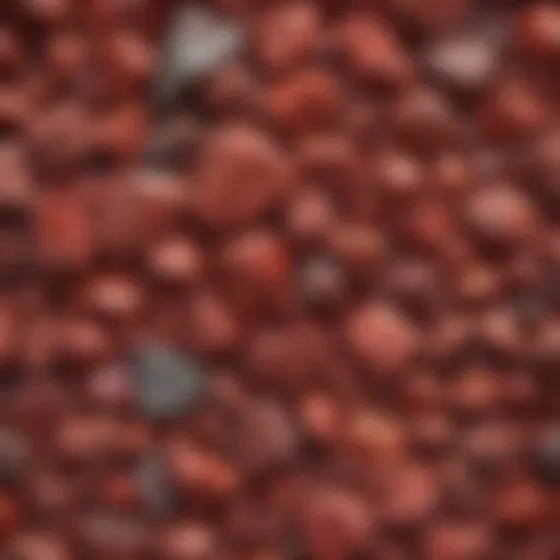 A close-up view of various red mineral stones showcasing their textures and colors.