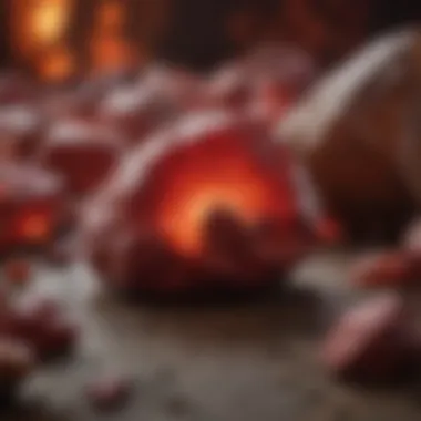 Red Minerals in Ancient Artifacts An artistic representation of red mineral stones in cultural artifacts from ancient civilizations.