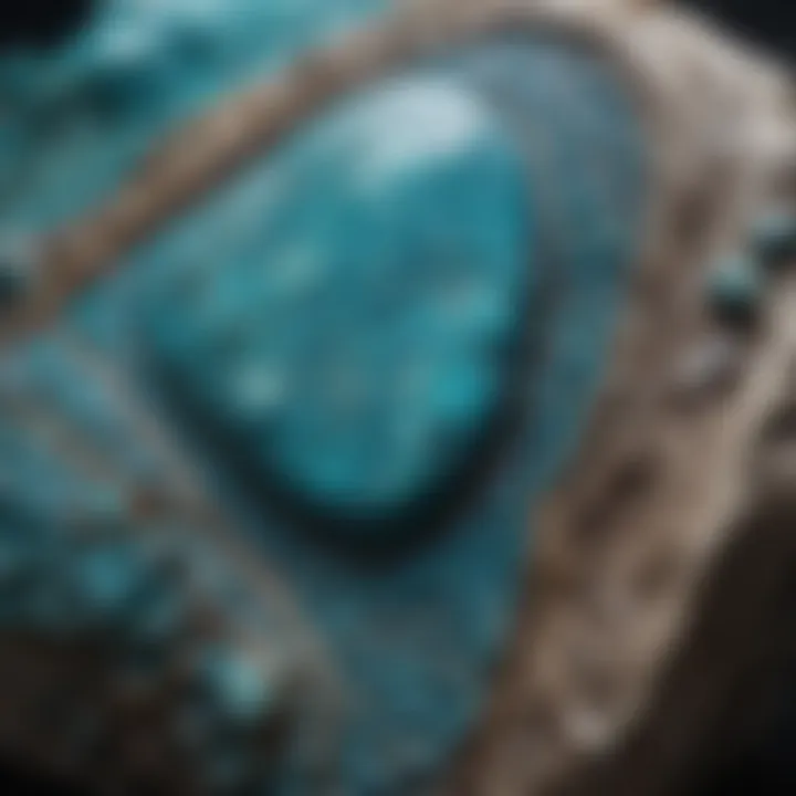 A close-up of a blue turquoise stone, showcasing its intricate patterns and vibrant color.