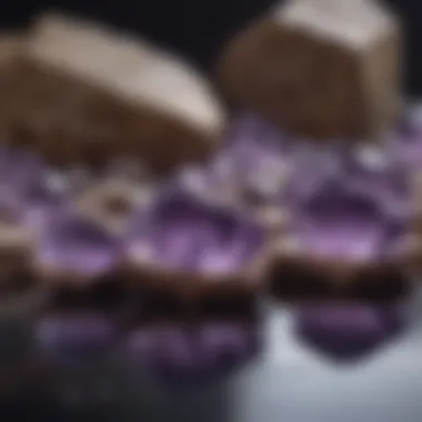 Artistic Arrangement of Amethyst Artistic arrangement of amethyst stones on a reflective surface, highlighting their beauty.