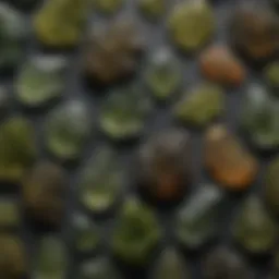Diverse moldavite specimens showcasing unique shapes and colors