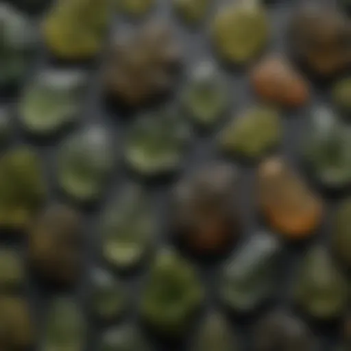 Diverse moldavite specimens showcasing unique shapes and colors