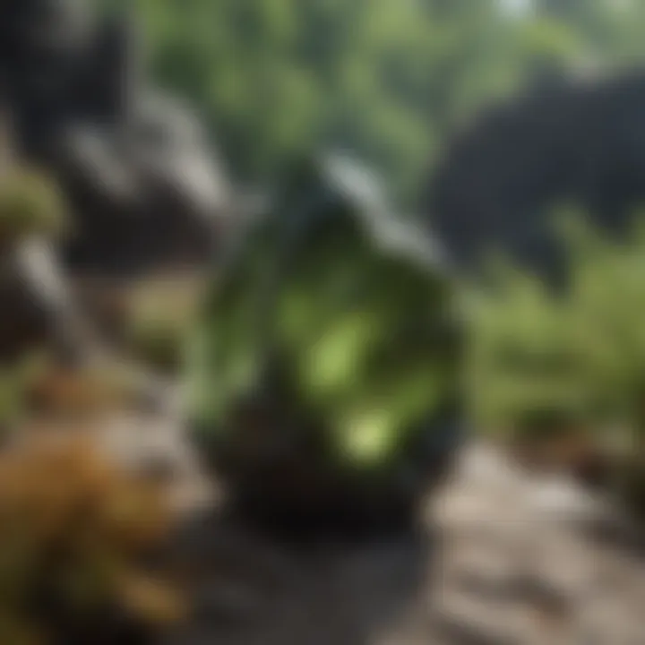 Moldavite in a natural setting, emphasizing its geological context