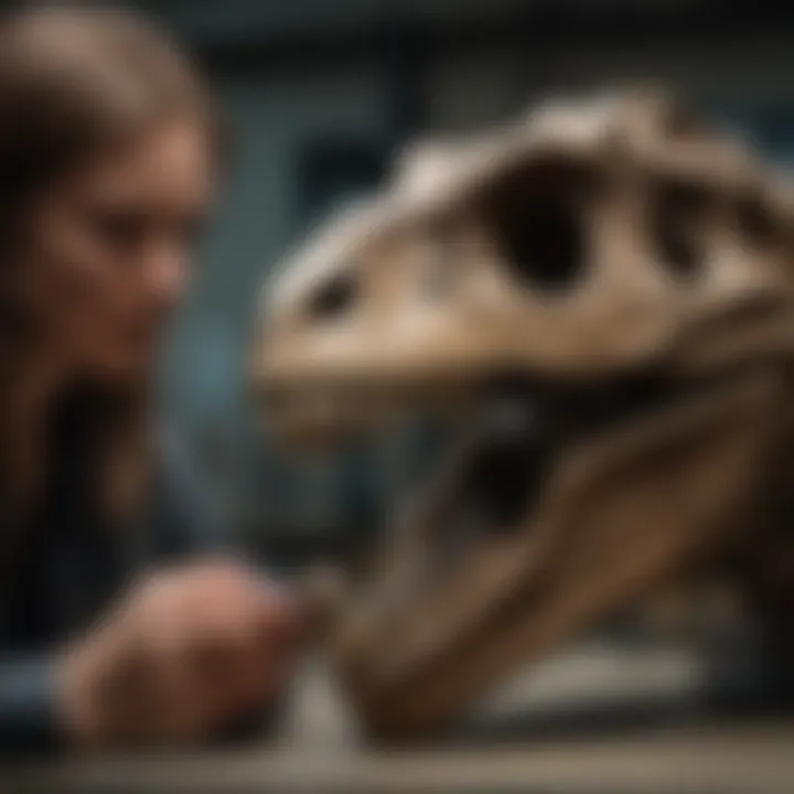 An expert examining a velociraptor skull in a laboratory setting