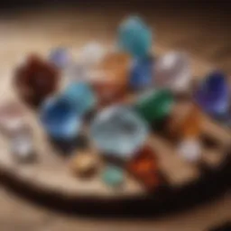 A selection of colorful crystals arranged on a wooden table