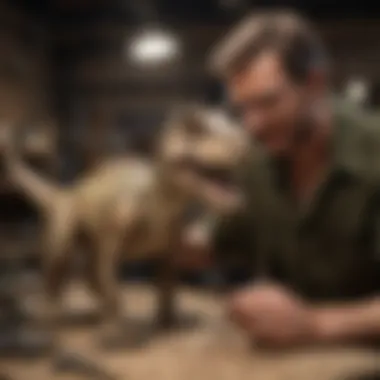 An artisan skillfully crafting a detailed dinosaur puppet