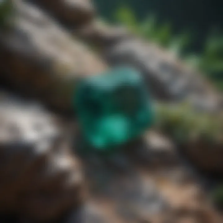 Close-up of a vibrant green emerald embedded in rock