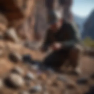 Rock collector examining specimens in the field