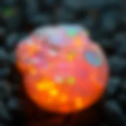 Close-up view of a fire opal showcasing its vibrant color play