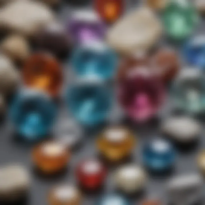 Close-up view of various gemstones with different types of adhesive