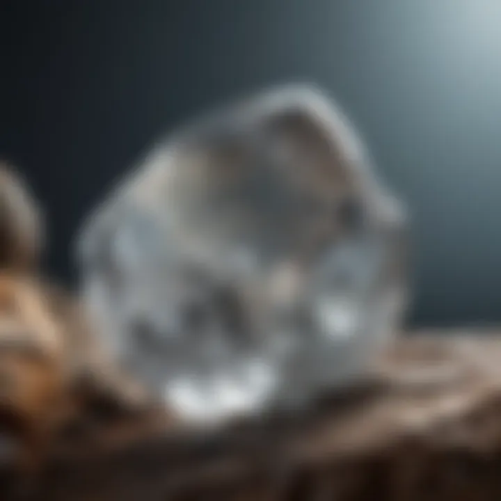 Close-up of a crystal stone under a light source, highlighting its clarity and inclusions.