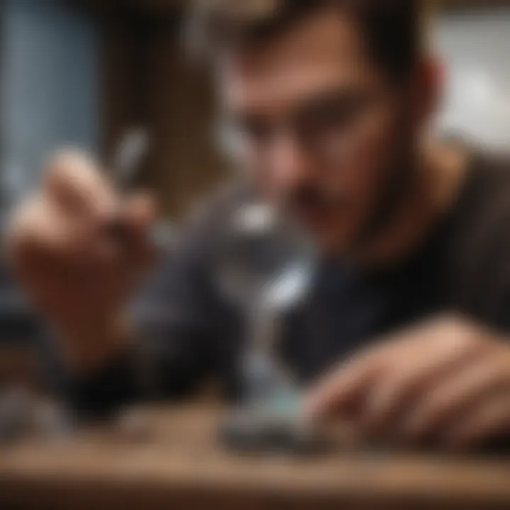 An expert examining a gemstone with a magnifying glass