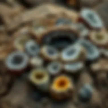 Diverse Geode Specimens on Natural Rock Various types of geodes displayed on a rocky surface